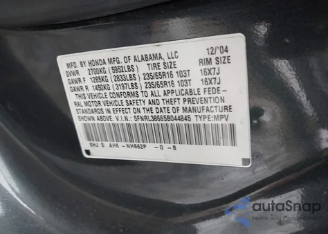 2005 Honda Odyssey Ex-L from USA, damaged, VIN 5FNRL38665B044845